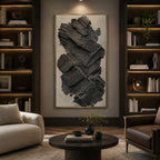 Plaster & Texture abstract oil painting showing layered abstract marks, texture and expressive painterly movement in a black palette.