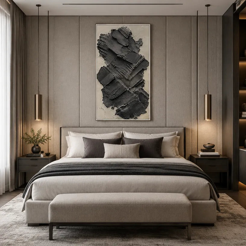 Plaster & Texture abstract oil painting showing layered abstract marks, texture and expressive painterly movement in a black palette.