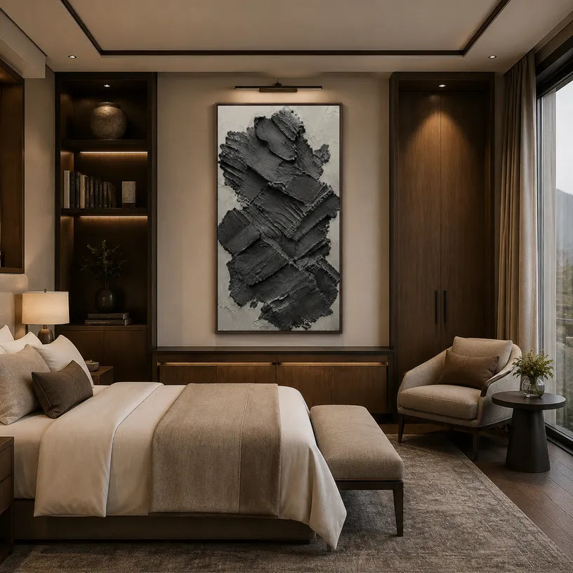 Plaster & Texture abstract oil painting showing layered abstract marks, texture and expressive painterly movement in a black palette.