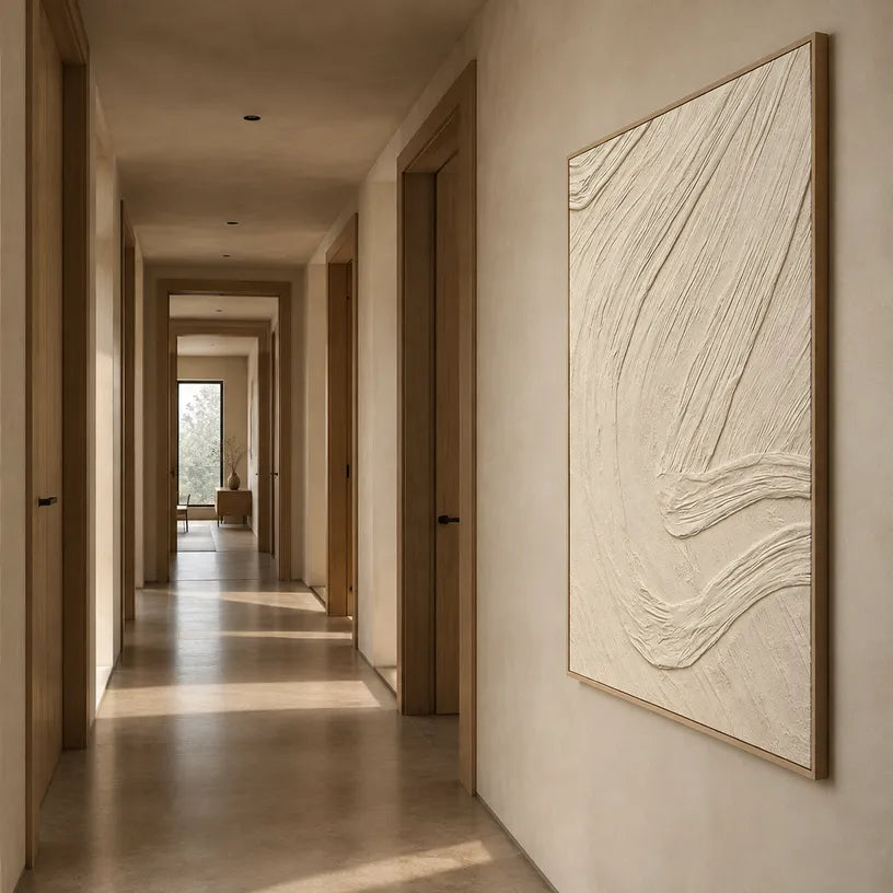 Plaster & Texture abstract oil painting showing layered abstract marks, texture and expressive painterly movement in a beige palette.