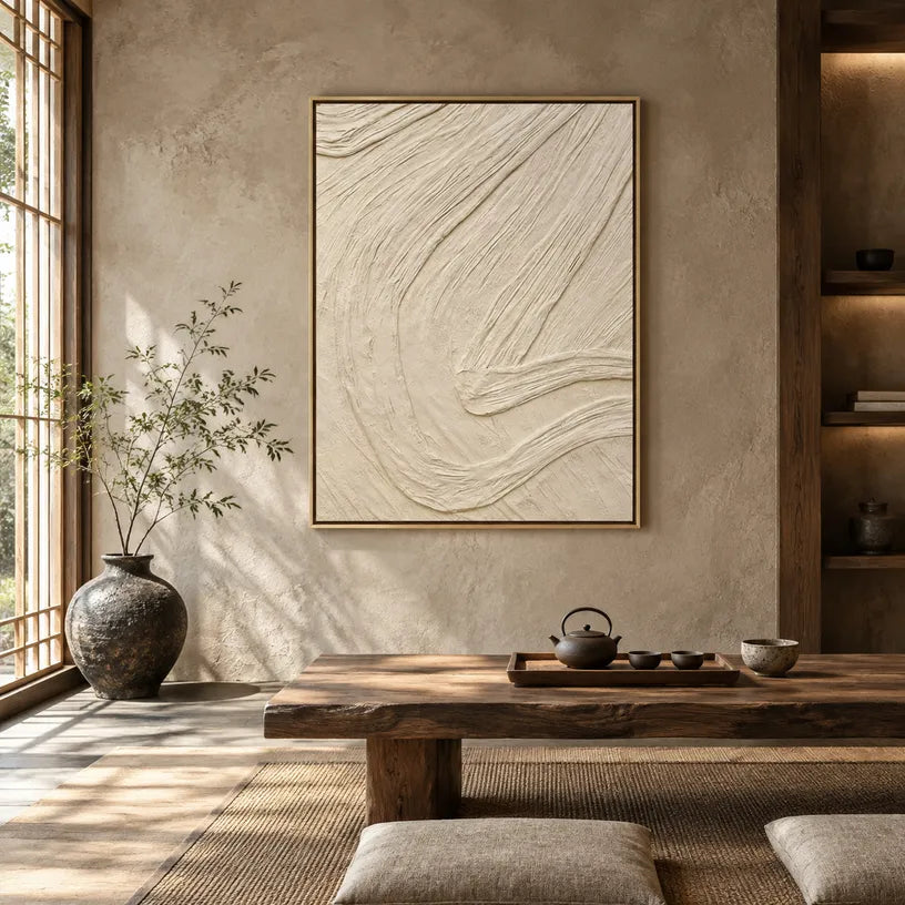 Plaster & Texture abstract oil painting showing layered abstract marks, texture and expressive painterly movement in a beige palette.
