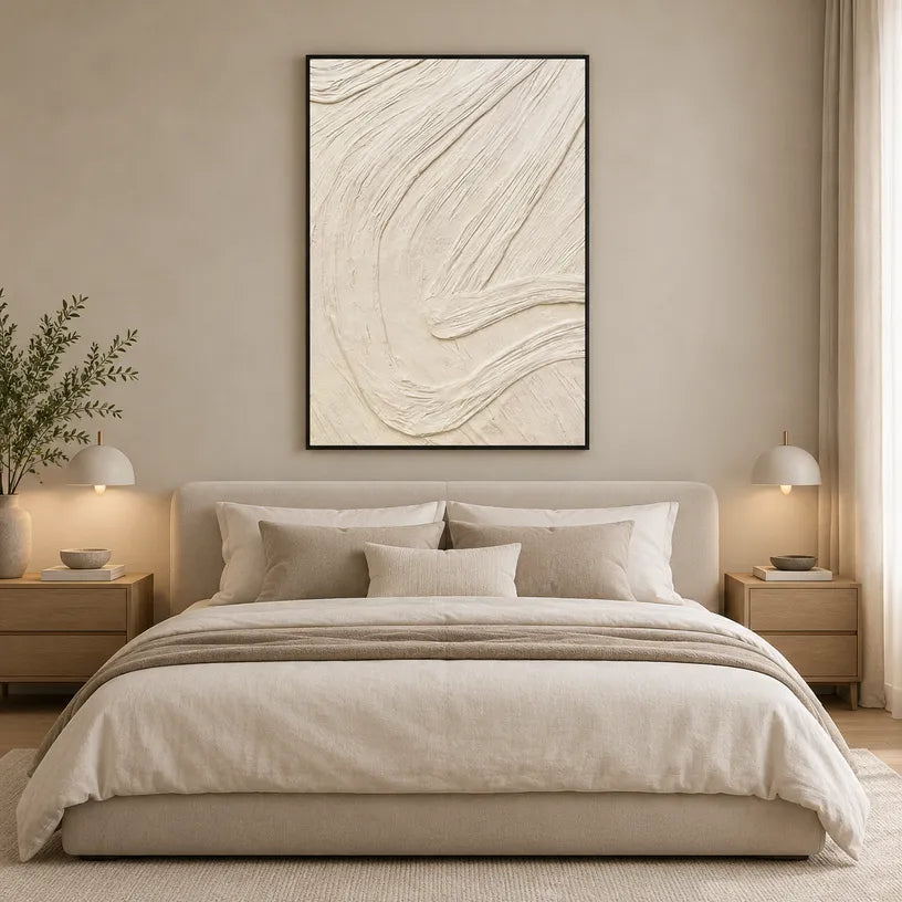Plaster & Texture abstract oil painting showing layered abstract marks, texture and expressive painterly movement in a beige palette.