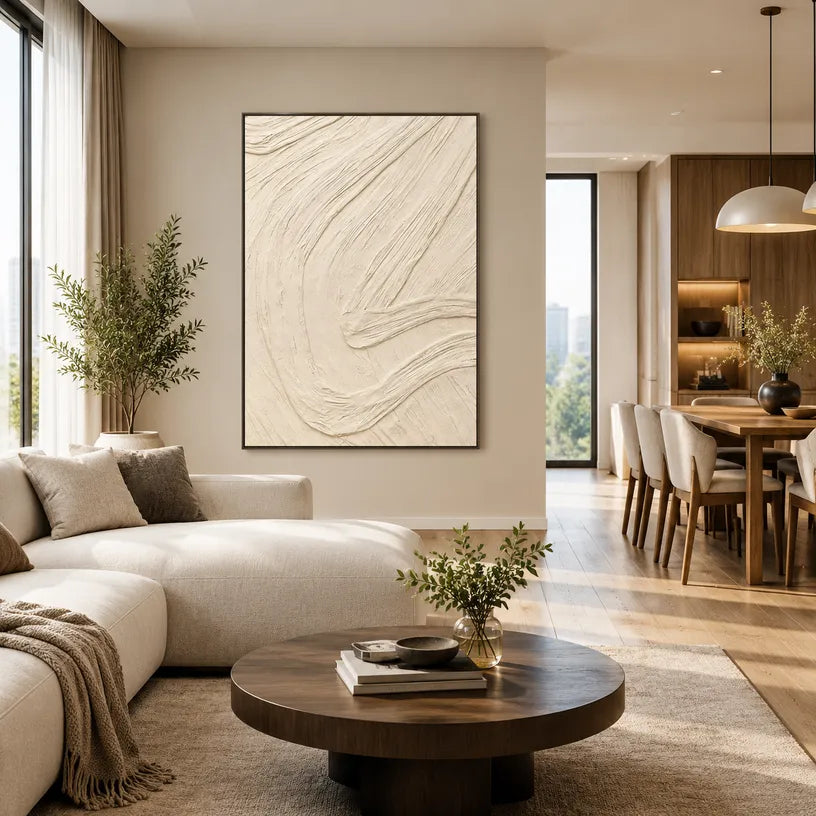 Plaster & Texture abstract oil painting showing layered abstract marks, texture and expressive painterly movement in a beige palette.