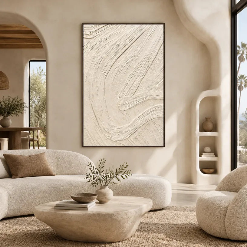 Plaster & Texture abstract oil painting showing layered abstract marks, texture and expressive painterly movement in a beige palette.