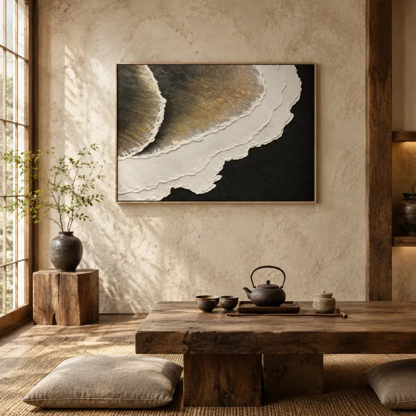 Plaster & Texture abstract oil painting showing layered abstract marks, texture and expressive painterly movement in a black and white palette.