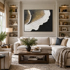 Plaster & Texture abstract oil painting showing layered abstract marks, texture and expressive painterly movement in a black and white palette.
