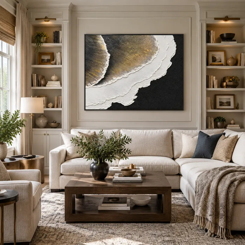 Plaster & Texture abstract oil painting showing layered abstract marks, texture and expressive painterly movement in a black and white palette.