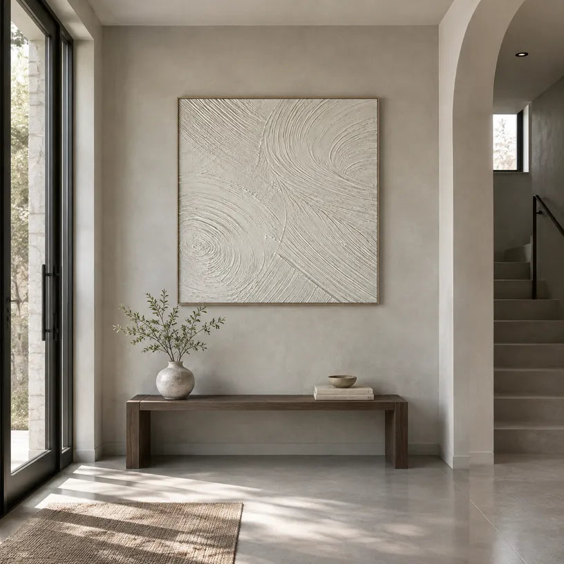 Plaster & Texture abstract oil painting showing layered abstract marks, texture and expressive painterly movement in a grey palette.