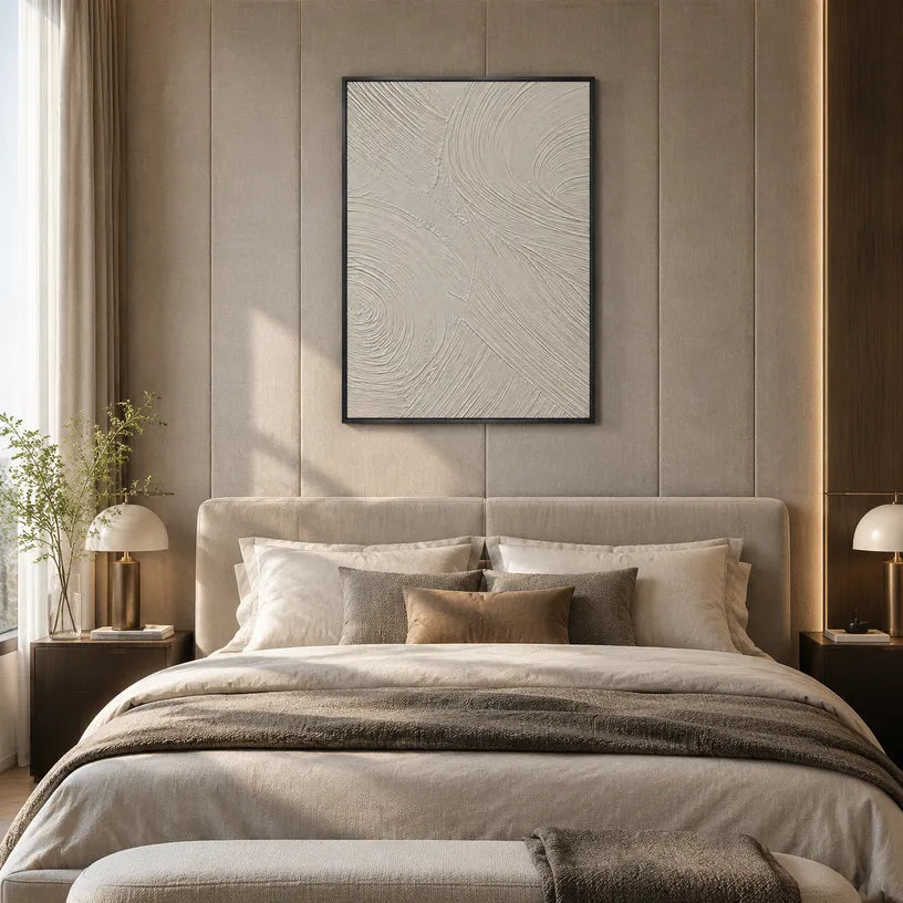Plaster & Texture abstract oil painting showing layered abstract marks, texture and expressive painterly movement in a grey palette.