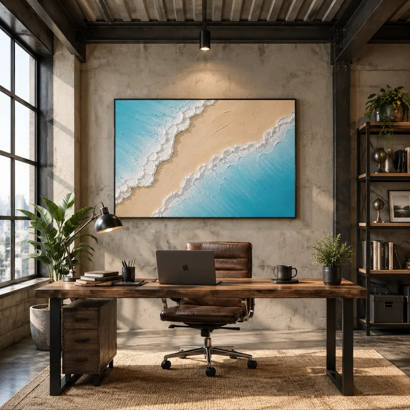 Plaster & Texture abstract oil painting showing layered abstract marks, texture and expressive painterly movement in a blue palette.