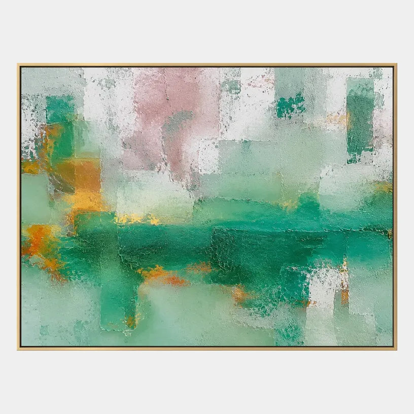 Plaster & Texture abstract oil painting showing layered abstract marks, texture and expressive painterly movement in a green palette.