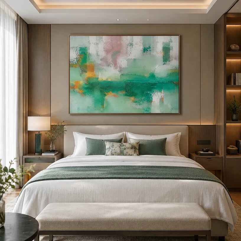 Plaster & Texture abstract oil painting showing layered abstract marks, texture and expressive painterly movement in a green palette.