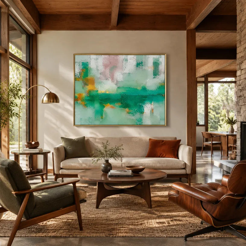 Plaster & Texture abstract oil painting showing layered abstract marks, texture and expressive painterly movement in a green palette.