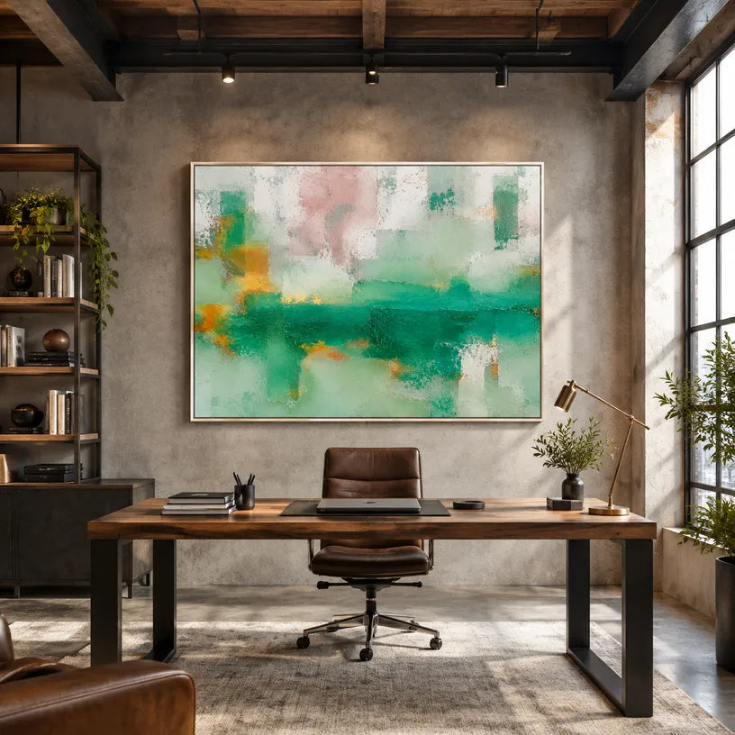 Plaster & Texture abstract oil painting showing layered abstract marks, texture and expressive painterly movement in a green palette.