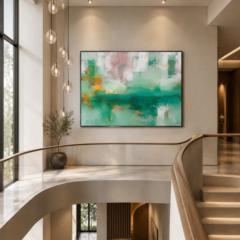 Plaster & Texture abstract oil painting showing layered abstract marks, texture and expressive painterly movement in a green palette.