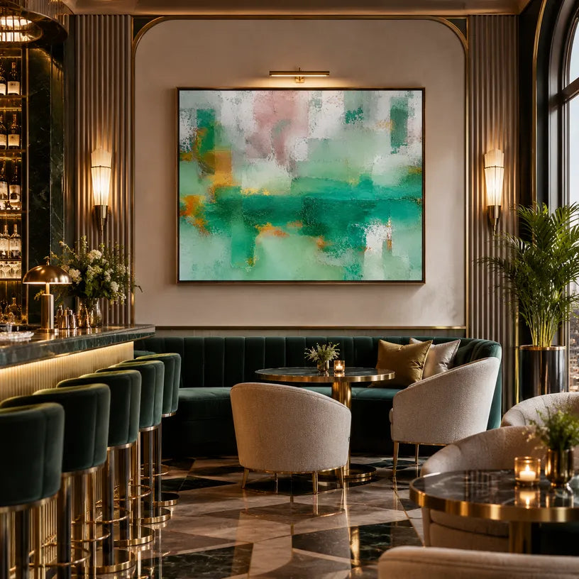 Plaster & Texture abstract oil painting showing layered abstract marks, texture and expressive painterly movement in a green palette.