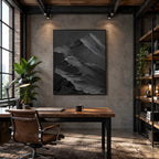 Plaster & Texture abstract oil painting showing layered abstract marks, texture and expressive painterly movement in a black palette.