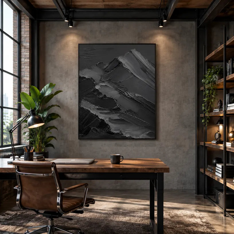 Plaster & Texture abstract oil painting showing layered abstract marks, texture and expressive painterly movement in a black palette.