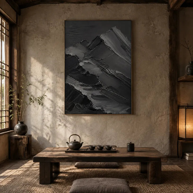 Plaster & Texture abstract oil painting showing layered abstract marks, texture and expressive painterly movement in a black palette.