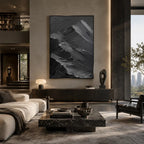 Plaster & Texture abstract oil painting showing layered abstract marks, texture and expressive painterly movement in a black palette.