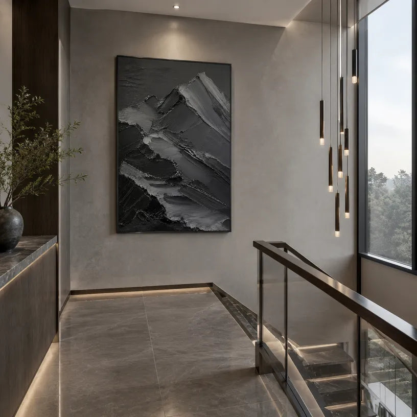 Plaster & Texture abstract oil painting showing layered abstract marks, texture and expressive painterly movement in a black palette.
