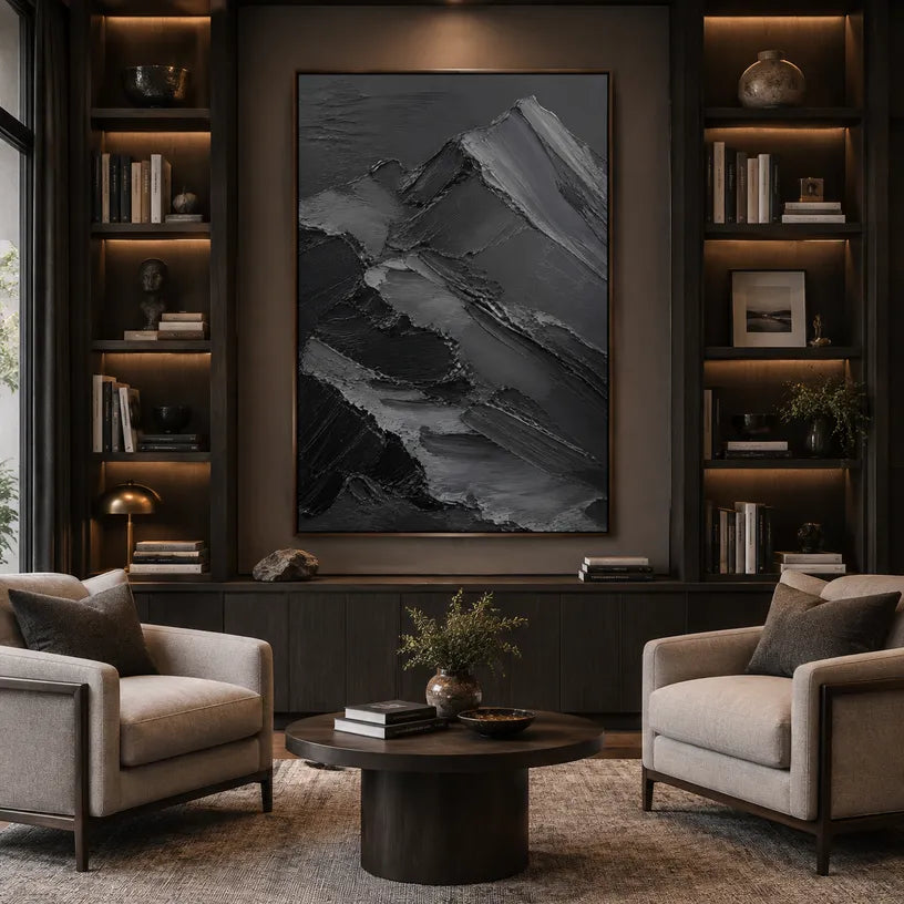 Plaster & Texture abstract oil painting showing layered abstract marks, texture and expressive painterly movement in a black palette.