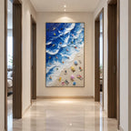 Plaster & Texture abstract oil painting showing layered abstract marks, texture and expressive painterly movement in a blue palette.