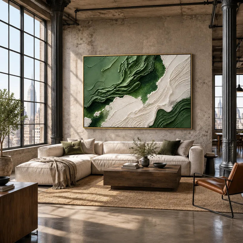 Plaster & Texture abstract oil painting showing layered abstract marks, texture and expressive painterly movement in a green palette.