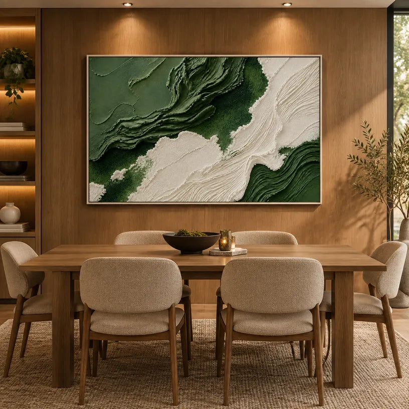 Plaster & Texture abstract oil painting showing layered abstract marks, texture and expressive painterly movement in a green palette.