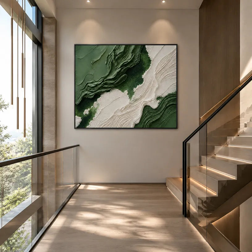 Plaster & Texture abstract oil painting showing layered abstract marks, texture and expressive painterly movement in a green palette.
