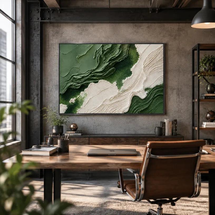 Plaster & Texture abstract oil painting showing layered abstract marks, texture and expressive painterly movement in a green palette.