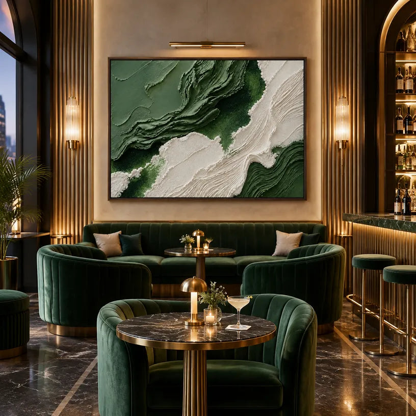 Plaster & Texture abstract oil painting showing layered abstract marks, texture and expressive painterly movement in a green palette.