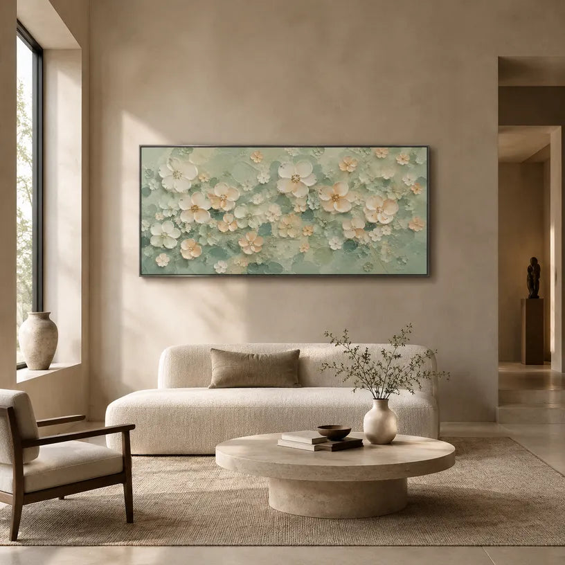 Plaster & Texture abstract oil painting showing layered abstract marks, texture and expressive painterly movement in a green palette.
