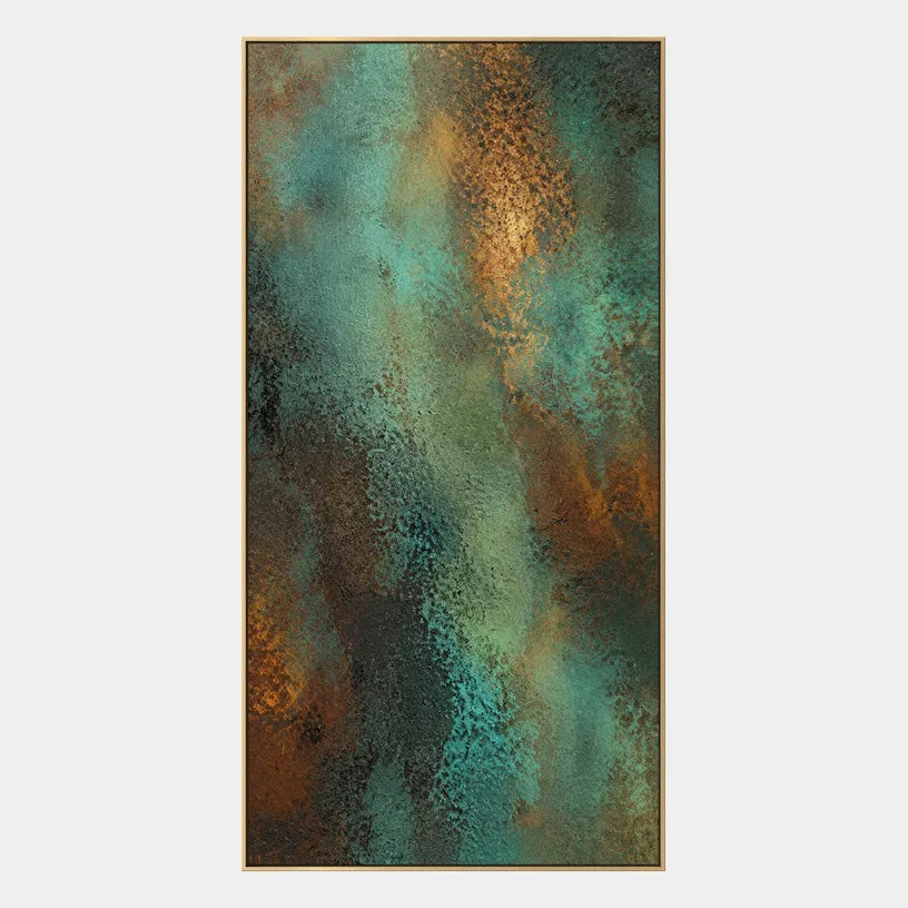 Plaster & Texture abstract oil painting showing layered abstract marks, texture and expressive painterly movement in a green palette.