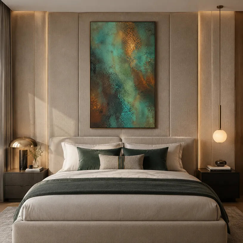 Plaster & Texture abstract oil painting showing layered abstract marks, texture and expressive painterly movement in a green palette.