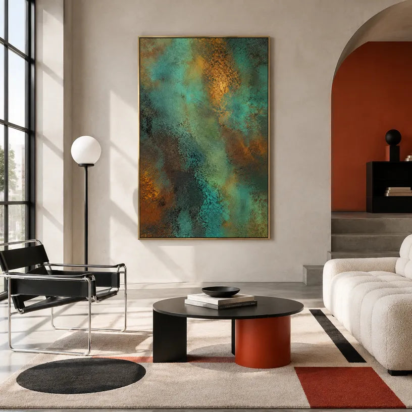 Plaster & Texture abstract oil painting showing layered abstract marks, texture and expressive painterly movement in a green palette.