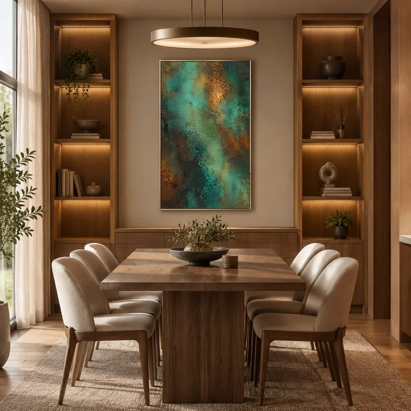 Plaster & Texture abstract oil painting showing layered abstract marks, texture and expressive painterly movement in a green palette.