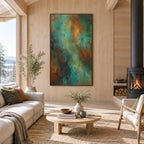 Plaster & Texture abstract oil painting showing layered abstract marks, texture and expressive painterly movement in a green palette.