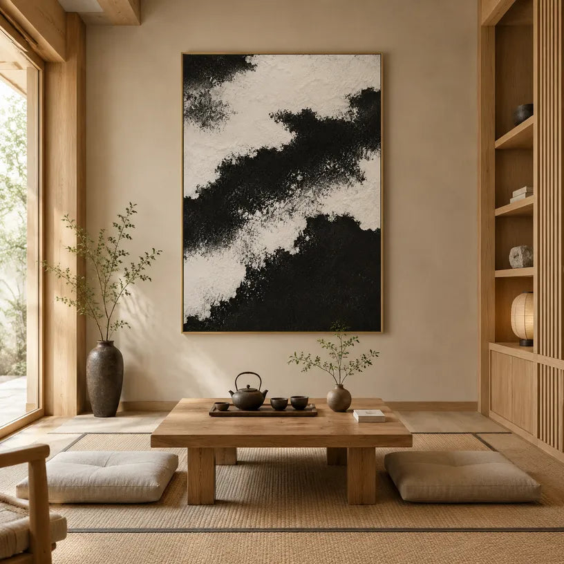 Plaster & Texture abstract oil painting showing layered abstract marks, texture and expressive painterly movement in a black palette.