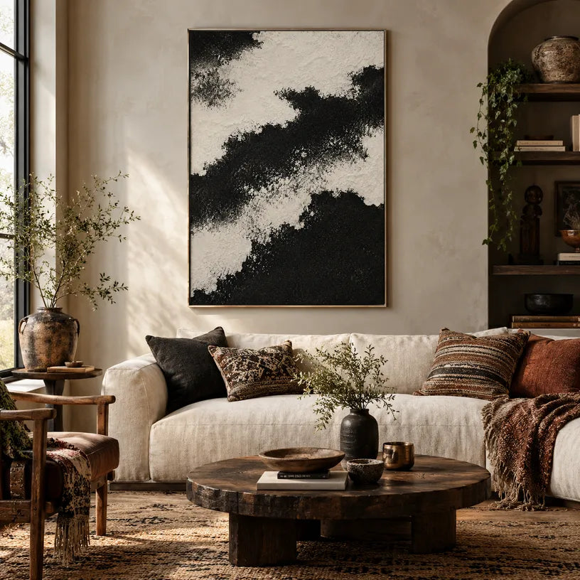 Plaster & Texture abstract oil painting showing layered abstract marks, texture and expressive painterly movement in a black palette.