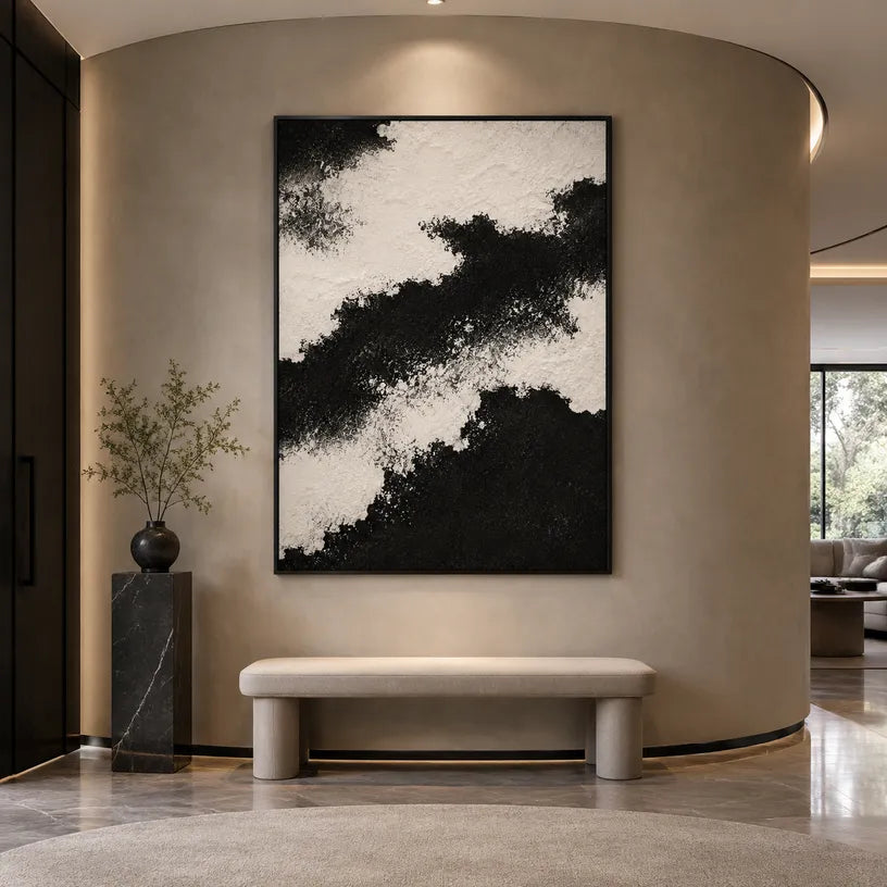 Plaster & Texture abstract oil painting showing layered abstract marks, texture and expressive painterly movement in a black palette.