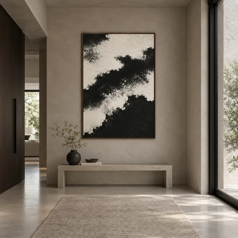 Plaster & Texture abstract oil painting showing layered abstract marks, texture and expressive painterly movement in a black palette.