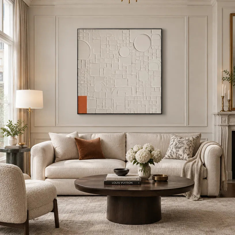 Plaster & Texture abstract oil painting showing layered abstract marks, texture and expressive painterly movement in a grey palette.