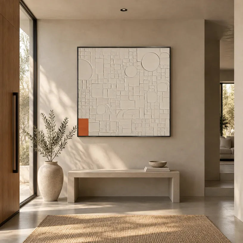 Plaster & Texture abstract oil painting showing layered abstract marks, texture and expressive painterly movement in a grey palette.
