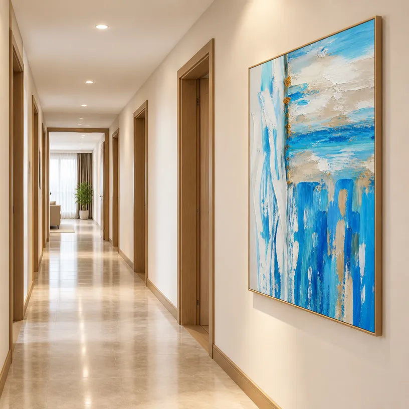 Plaster & Texture abstract oil painting showing layered abstract marks, texture and expressive painterly movement in a blue palette.