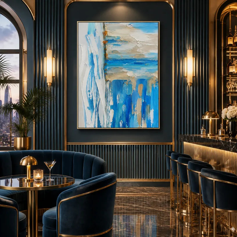 Plaster & Texture abstract oil painting showing layered abstract marks, texture and expressive painterly movement in a blue palette.
