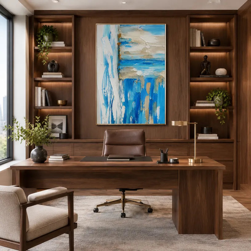 Plaster & Texture abstract oil painting showing layered abstract marks, texture and expressive painterly movement in a blue palette.