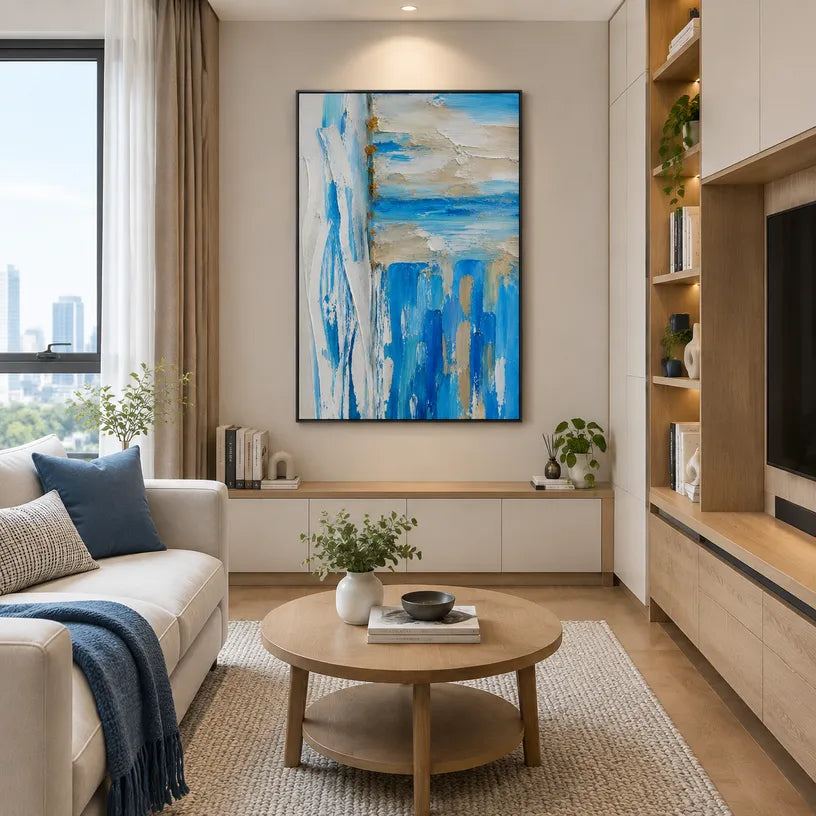 Plaster & Texture abstract oil painting showing layered abstract marks, texture and expressive painterly movement in a blue palette.
