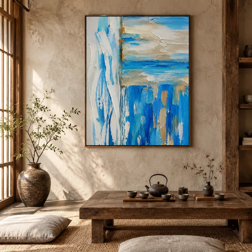 Plaster & Texture abstract oil painting showing layered abstract marks, texture and expressive painterly movement in a blue palette.