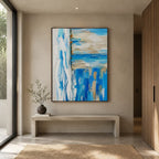Plaster & Texture abstract oil painting showing layered abstract marks, texture and expressive painterly movement in a blue palette.